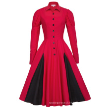 Belle Poque estilo victoriano de manga larga de cuello de contraste de color rojo retro vestido de swing vintage BP000366-2